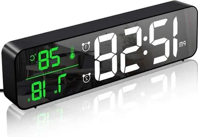Obrázek produktu pro Digitální nástěnná hodiny s LED displejem, ukazatelem teploty a data, 6 úrovní jasu, 4 úrovně hlasitosti, 2 alarmy, nabíjení přes USB, barva: černá