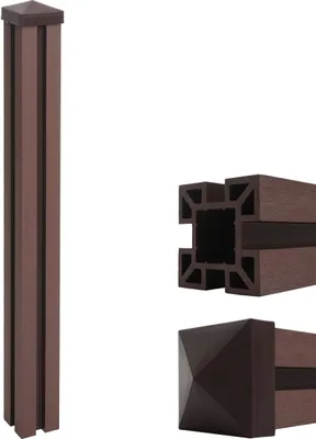 A product image showing a brown WPC fence post and its cross-section.