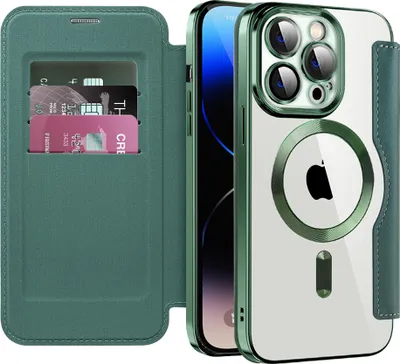 Immagine prodotto di Custodia per iPhone 14 Pro compatibile con MagSafe, custodia trasparente con portacarte, custodia in pelle con protezione per fotocamera verde