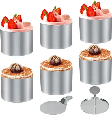 Produktbild von Edelstahl Kuchenringe 10er Set, Edelstahl Kuchenring-Kochform-Set mit Lebensmittelpresse und Heber, 7,6cm Backformen für Dessert Gebäck, langlebig
