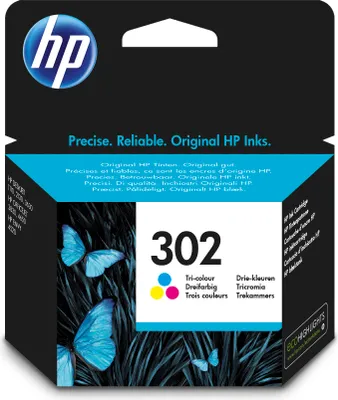 The image shows the packaging of an HP 302 tri-colour ink cartridge.