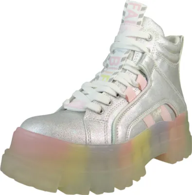 A single Buffalo women's mid-top sneaker with a rainbow-colored platform sole.