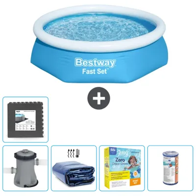 Produktbild von Bestway runder aufblasbarer Fast-Set-Schwimmpool – 244 x 61 cm – Blau – inklusive Pumpe Sonnensegel - Wartungspaket - Filter - Bodenfliesen