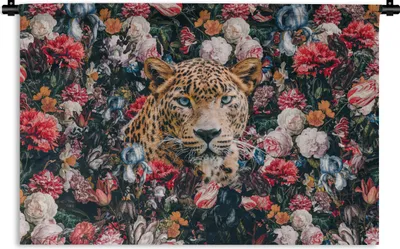 Produktbild von MuchoWow® Wandteppich Wandbehang Leopard - Blumen - Tiere 90x60 cm Tapisserie Dekoration Wandtuch - Wandskulpturen - Bildteppich