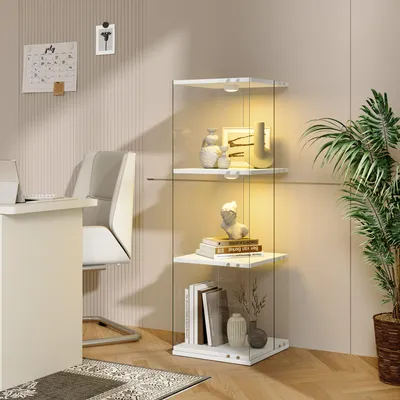Obrázok produktu pre UnboxG LED vitrína, biela, 38x38x121 cm, 3 otočné police, sklenená vitrína s RGB diaľkovým ovládaním a ochranou proti prevrhnutiu