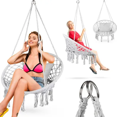 A collage of images showing people using hanging chairs.