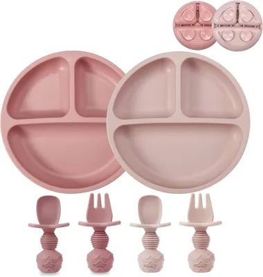 Produktbild von PandaEar 2 – Babyteller-Set mit 2 Löffeln und 2 Gabeln für Babys – Unterteilter Teller – Silikon-Babyteller zur Förderung der Selbstständigkeit beim Essen – BPA-frei