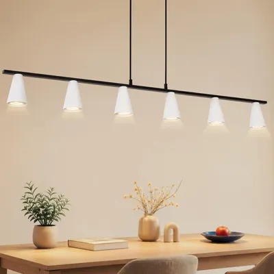 Obrázek produktu pro Závěsné svítidlo ZMH, 6 plamenů, moderní design, 110 cm, lineární, vhodné do jídelny, patice GU10, kovové, závěsné, výškově nastavitelné, vhodné do kanceláře, obývacího pokoje, bílé barvy