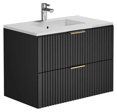 Produktbild von Waschbeckenunterschrank hängend mit Einbauwaschbecken - Streifenoptik - Schwarz - 80 cm - ZEVARA