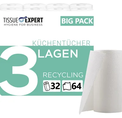 Produktbild von Küchentücher RECYCLING, 32 Rollen á 64 Blatt, 3-lagige Küchenrollen, 100% Recycling