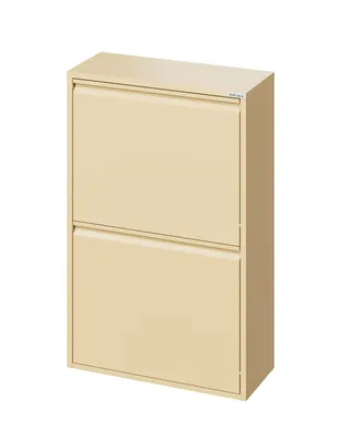 A beige metal cabinet with two doors, presented against a white background.