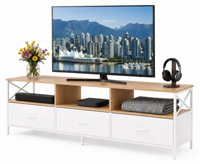Produktbild von Relaxdays TV Lowboard, HxBxT: 50 x 147 x 40 cm, 3 Schubladen & Ablagen, MDF, Metall, Stoff, Fernsehtisch, natur/weiß