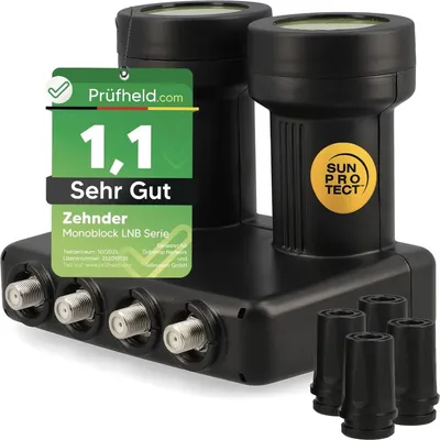 Produktbild von Zehnder Monoblock Quad LNB Astra Hotbird für 4 Teilnehmer & 2 Satelliten, 4Fach HD 4K LNC für Direktanschluss (Fernseher, Sat Receiver) LMB für Satellitenschüssel