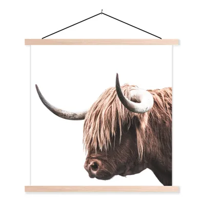 Produktbild von MuchoWow® Textilposter Schottischer Highlander - Hörner 120x120 cm mit holzfarbenen Rahmen - Textil-Poster