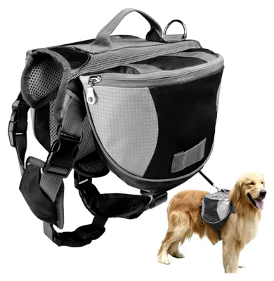 Produktbild von Hunderucksack mit Seitentaschen und verstellbaren Versorgungsfächern für Spaziergänge, Camping und Reisen