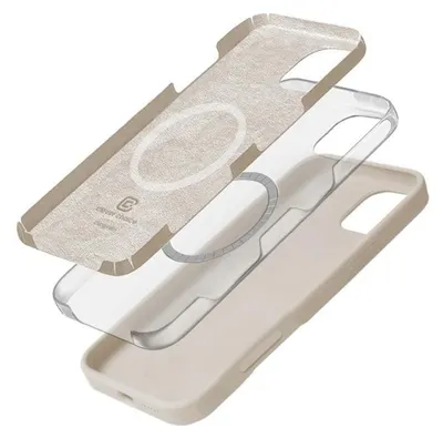 An exploded view of a phone case, showing its layers and MagSafe ring.