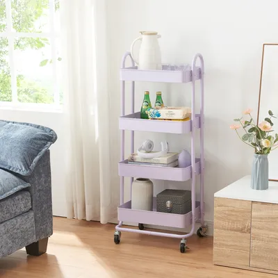 A purple rolling cart filled with various items is placed next to a sofa and a cabinet.