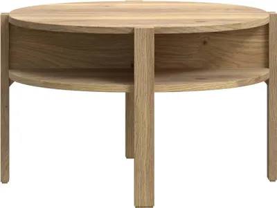 Wohnzimmertisch Couchtisch TOBAGO rund in Eiche mit Holzgestell und offenen Fächern, Gesamtansicht.
