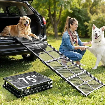 Imagen del producto de Rampa para perros de 190x50 cm, plegable, antideslizante, fabricada en aluminio, con capacidad de carga de 159 kg