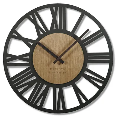 Obrázok produktu pre Nástenné hodiny veľké Adulto priemer 50 cm LOFT retro drevené dubové bez tikania obývacia izba (čierna/dub)