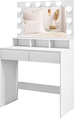 Immagine prodotto di Toletta con illuminazione a LED Toletta con specchio Luminosità regolabile Tavolo cosmetico con 2 cassetti Ripiani aperti per camera da letto Bianco