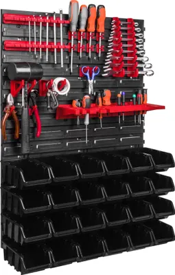 Immagine prodotto di Pannello portautensili a parete 58x78 cm con 20 pezzi. Scatole da appendere con set di supporti in plastica