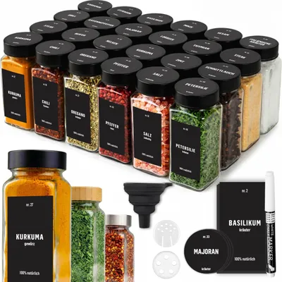 Zdjęcie produktu dla Zestaw 24 słoików na przyprawy z zakrętkami, zestaw przypraw z etykietami