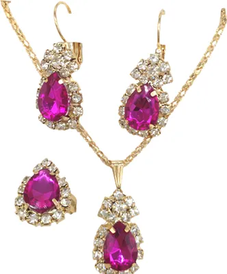 Produktbild von 3 Teile/satz Ohr Clip Helle Farbe Legierung Halskette Ohrringe Ring Set Wasser Tropfen Strass Anhänger Halskette Ohrringe Ring Schmuck Zubehör-Rosenrot