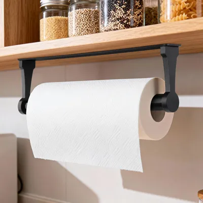 Image de Porte-rouleau de papier essuie-tout sans perçage, porte-rouleau de papier essuie-tout autocollant, porte-rouleau de papier toilette en alliage d'aluminium, porte-rouleau de papier essuie-tout pour la cuisine, la salle de bains et le salon (noir)