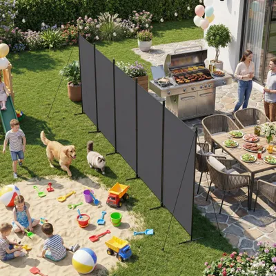 Produktbild von FIVMEN Paravent Outdoor wetterfest mit Heringen und Abspannleinen,Klappbar Freistehend Trennwand ohne Bohren,mobiler sichtschutz für Garten Balkon terrasse,5 Teilig 400 x 180 cm Dunkelgrau