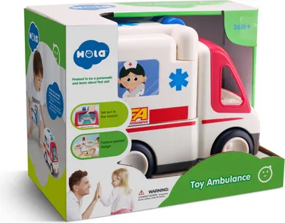 Product packaging for a toy ambulance, showing the toy and marketing information.