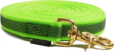 Produktbild von Mystique® Gummierte Schleppleine 20mm mit Handschlaufe Messing Scherenkarabiner neon grün 20m