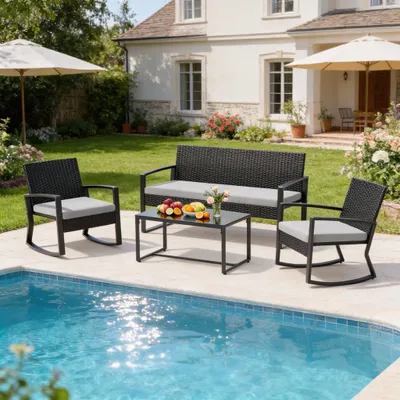Immagine prodotto di Set di mobili da giardino BEALIFE da 4 pezzi con tavolo da giardino | 4 sedie a dondolo in rattan PE e tavolo in vetro | Per terrazze e balconi | Nero/grigio kaki | WR310