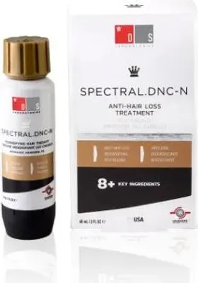 A product shot of a hair loss treatment bottle and its box, presented on a white background.