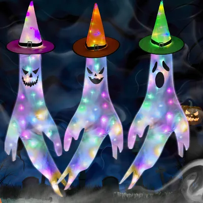 Productafbeelding van Halloween decoratief pakket met 3 hangende geesten met LED-verlichting