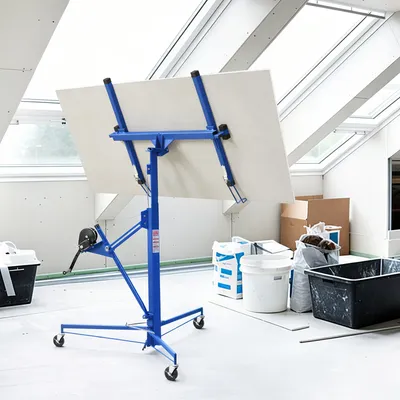Immagine prodotto di Sollevatore per pannelli di cartongesso, elevatore per costruzioni a secco, capacità 68 kg, altezza regolabile da 126 a 325 cm, con ruote bloccabili, rotazione a 360°, colore blu