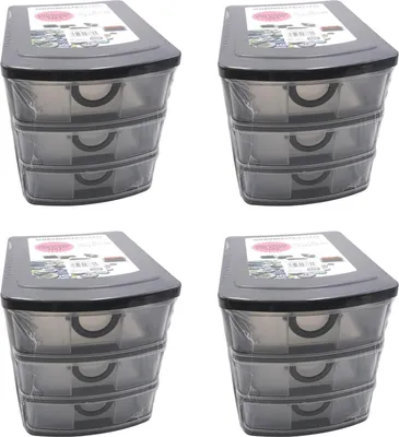 Produktbild von 4er Set Schubladenbox Kunststoff 19 x 14,5 x 16 cm 3 Schubladen Organizer Stapelbar Sortierbox Kleinteilebox
