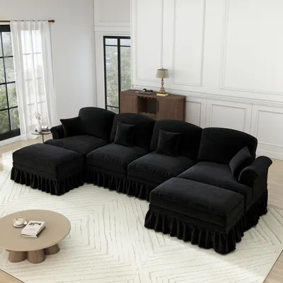 Produktbild von STILVORA 4-Sitzer Sofa U-Form modular mit Hocker und abnehmbarer Rüschenschürze, Ecksofa Chenille-Stoff weich mit Trichter-Armlehnen und Kissen, Wohnlandschaft flexibel kombinierbar für Wohnzimmer Schwarz