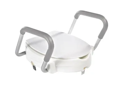 A white toilet seat riser with gray armrests is shown against a white background.