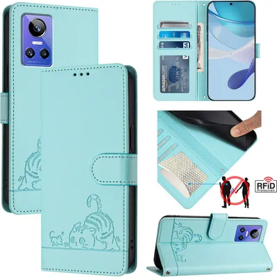 Produktbild von Leder Hülle für Realme GT Neo 3 Süße Katze Flip Case Brieftasche Schutzhülle mit Standfunktion hellgrün