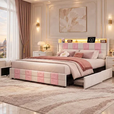 Productafbeelding van INONEFT Gestoffeerd bed 140x190 cm met 4 lades en opbergruimte, tweepersoonsbed met USB-poort en LED-verlichting, eenpersoonsbed met lattenbodem, bed met opbergruimte, fluweel, wit + roze