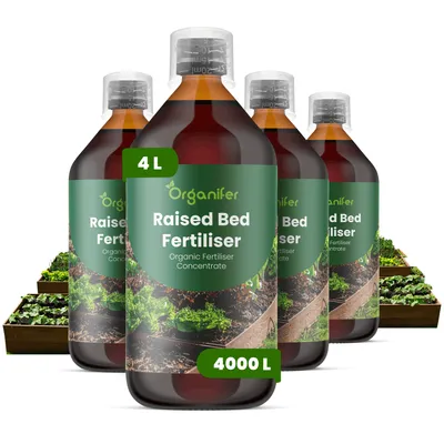 Produktbild von Hochbeete Flüssigdünger 4x1L – 2-1-8 NPK – Flüssig-Pflanzendünger für Hochbeete – Für Gemüse, Kräuter & Mischkulturen – Organifer