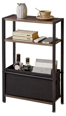 Produktbild von Beistelltisch mit Stauraum, 3-stufiger schmaler Couchtisch mit Stoffkorb, schmaler Nachttisch für kleine Räume, Schlafzimmer, Wohnzimmer, Dunkelgrau