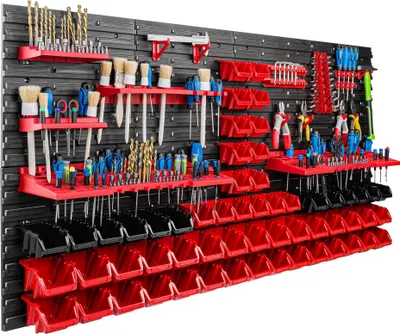 Immagine prodotto di Sistema di stoccaggio Scaffale da officina | 156 x 78 cm | 58 pezzi. Scatola | Scaffale a muro con supporti per utensili e contenitori impilabili - Pannelli a muro Scaffale extra forte Scaffale forato per utensili Scaffale da magazzino Scaffale da garage