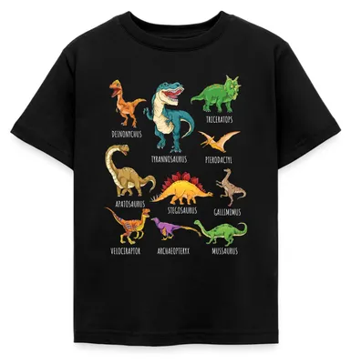 Produktbild von Spreadshirt Dinosaurier Arten Übersicht Dino T-Rex Comic Kinder T-Shirt, 98/104 (3-4 Jahre), Schwarz