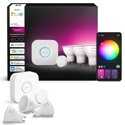 Produktbild von Philips Hue White and Color ambiance Starter-Set: 3 smarte GU10 Spots + Hue Smart Button, Set für intelligente Beleuchtung, Bluetooth/Zigbee, Weiß, LED, GU10, GU10