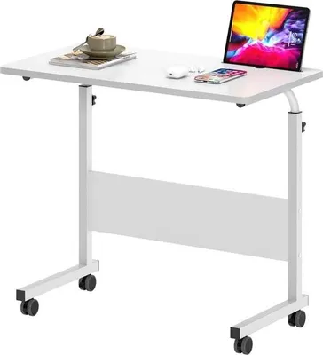 Image de Table d'ordinateur portable réglable en hauteur, table d'ordinateur avec emplacement pour tablette, 80 x 40 cm, table de PC, table basse, table à langer, table d'appoint sur roulettes, blanc