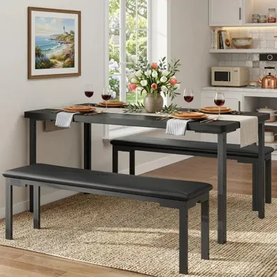 Image de Ensemble de salle à manger pour 4 personnes - Table à manger avec 2 bancs rembourrés - Ensemble de table de cuisine gain de place - Structure en métal - Noir