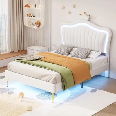 Produktbild von Kinderbett Polsterbet 90 x 200 cm, Bettgestell mit LED-Leuchten, Lattenrost und Rückenlehne(Matratze nicht enthaltet)