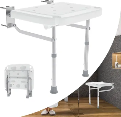 A collage of images showing a wall-mounted shower seat in different states and settings.